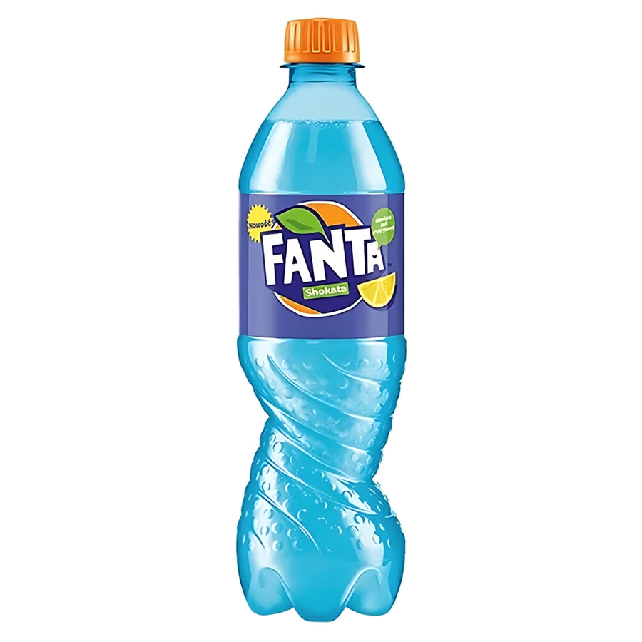 A blue twist-design plastic bottle of Fanta - Shokata Elderflower & Lemon Bottle (Ukraine) - 500ml, featuring a blue label with an orange and lemon slice, an orange cap, and filled with refreshing 500ml of Ukrainian elderflower and lemon-flavored soda.