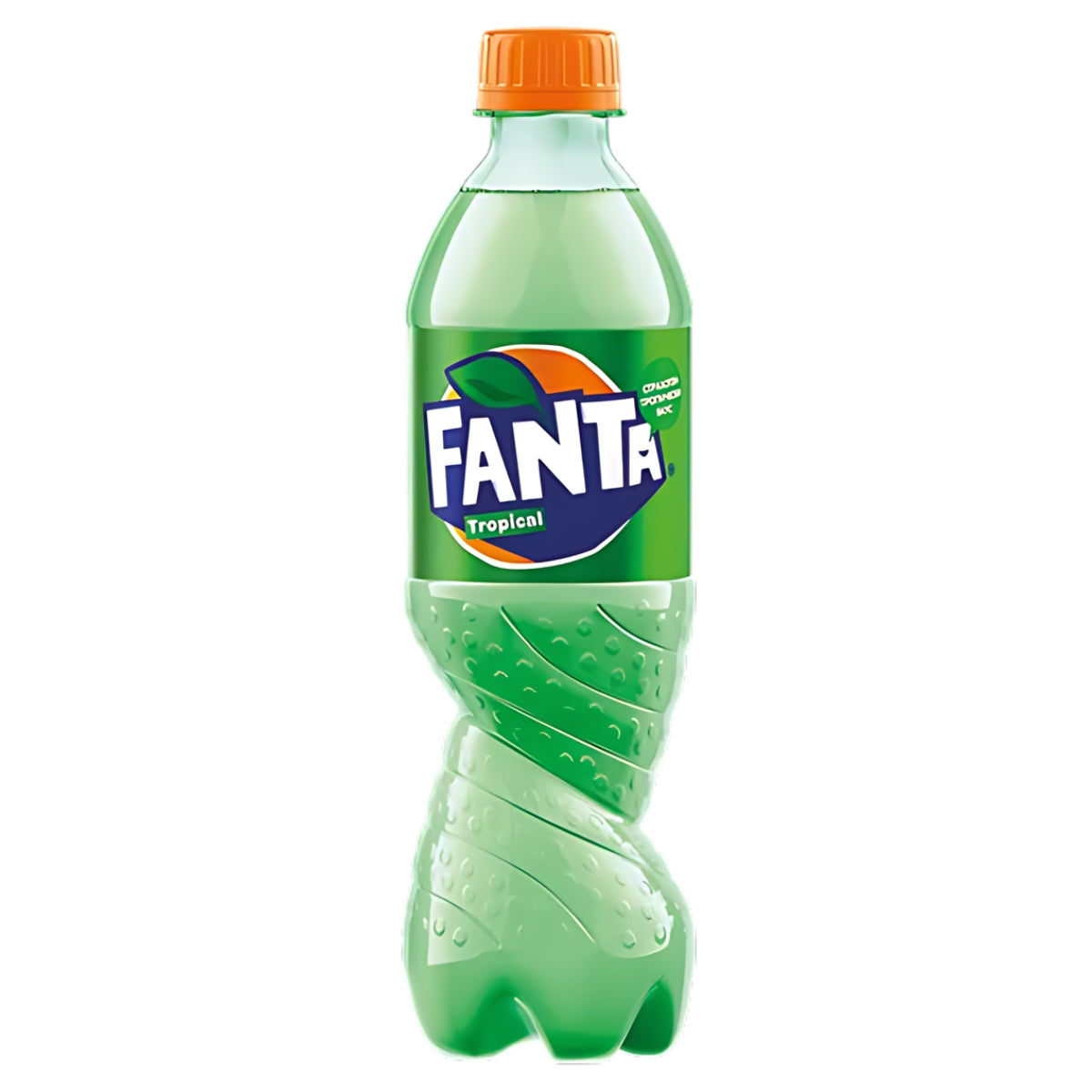 A green plastic bottle of Fanta - Tropical Bottle (Bulgaria) - 500ml with an orange cap and a label featuring the Fanta logo, showcasing a refreshing carbonated drink with a hint of citrus taste.