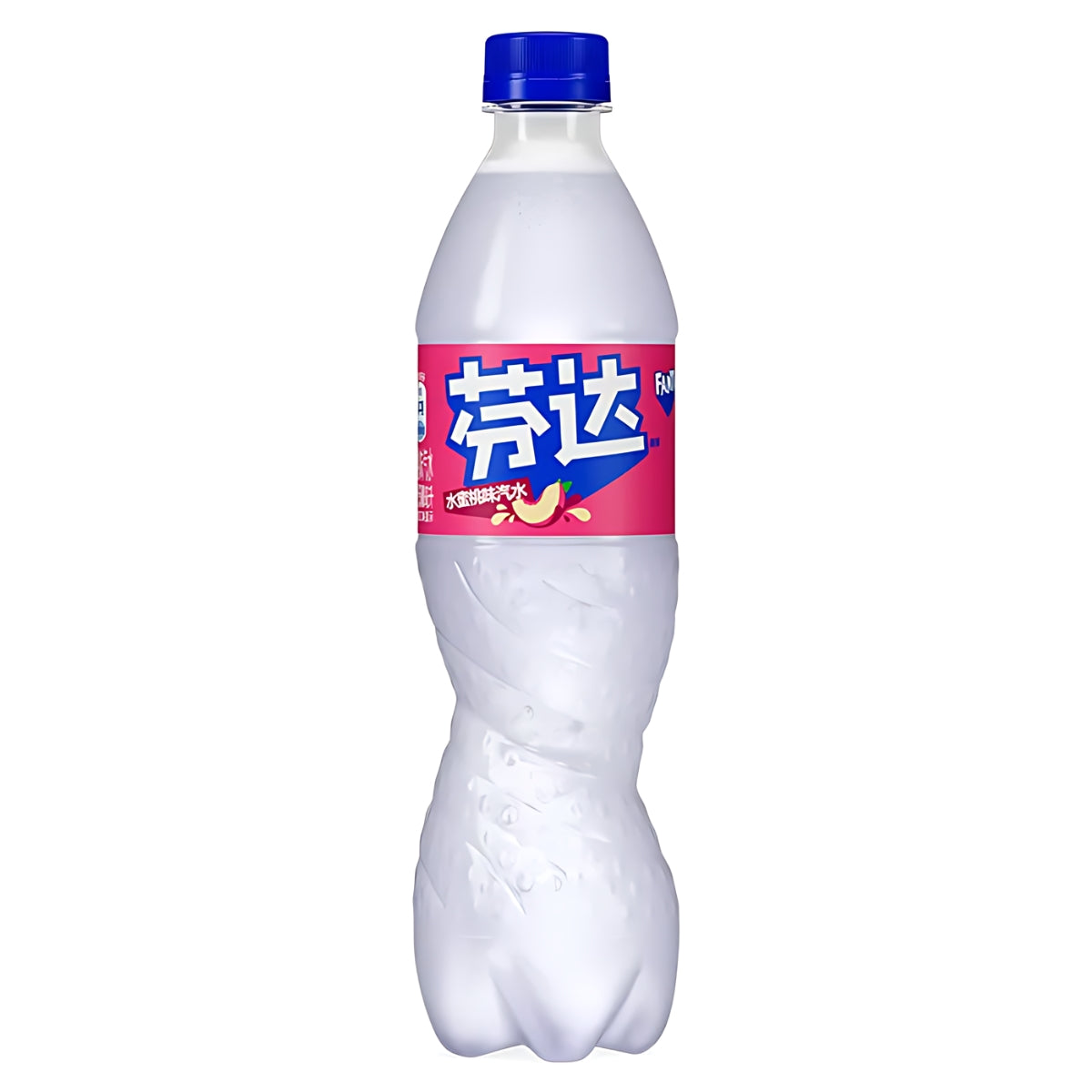 A clear plastic bottle with a blue cap and a pink label, containing a white liquid reminiscent of the fruity flavor of Fanta - White Peach Bottle (China) - 500ml.