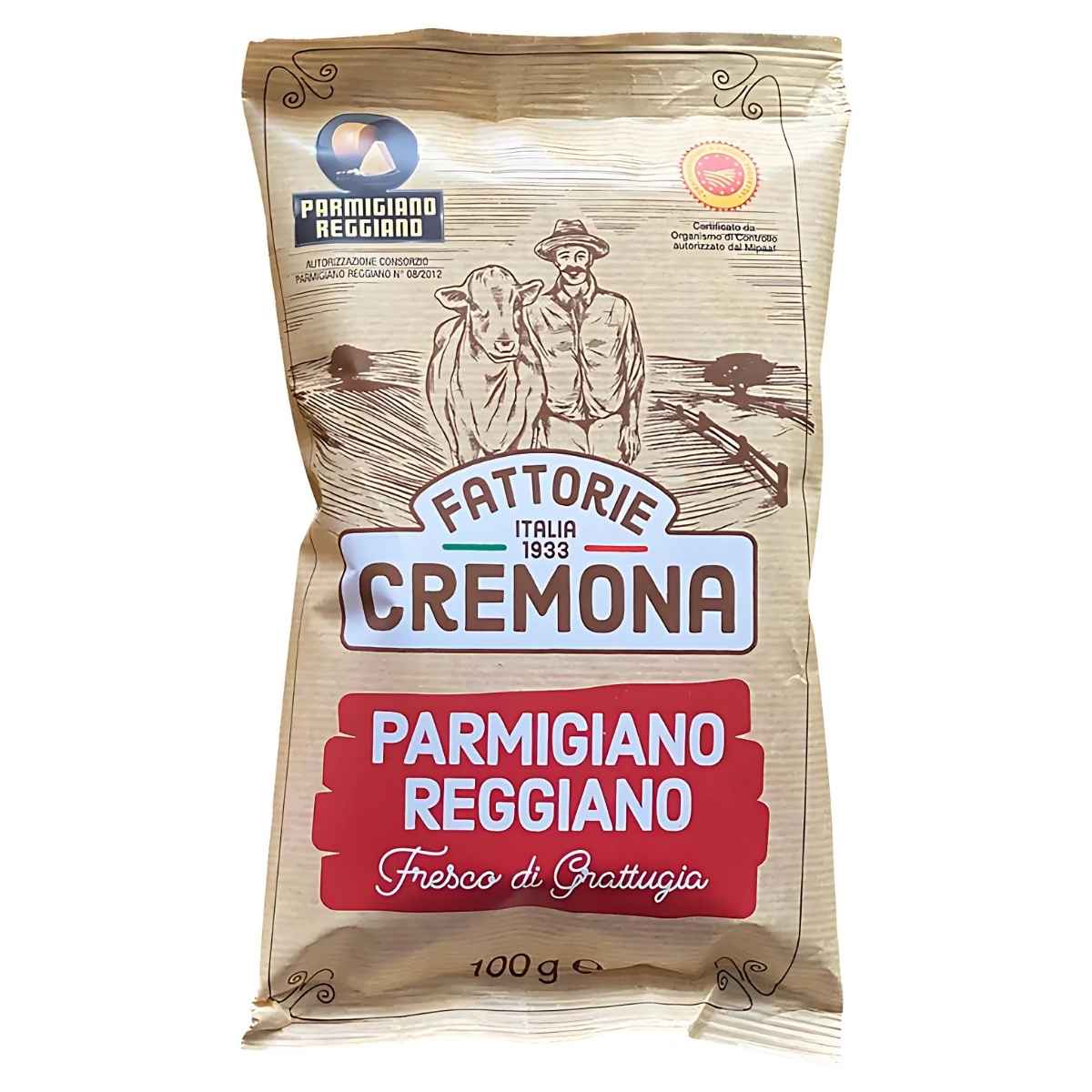 A cheese lover's essential, this 100g pack of Fattorie Cremona Grated Parmesan Cheese features charming farmer and cow illustrations aside certification logos. Perfect for enhancing your dishes, this parmesan offers authentic flavor in every bite.