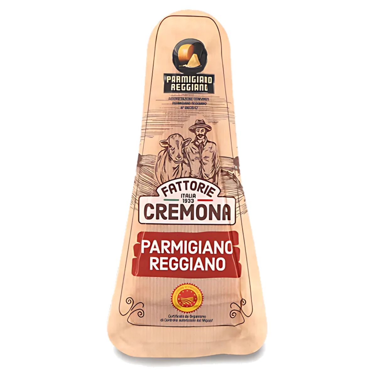 This 125g package of Fattorie Cremona Parmesan Cheese, ideal for charcuterie boards, features vintage illustrations of a farmer and cow alongside product and certification labels.