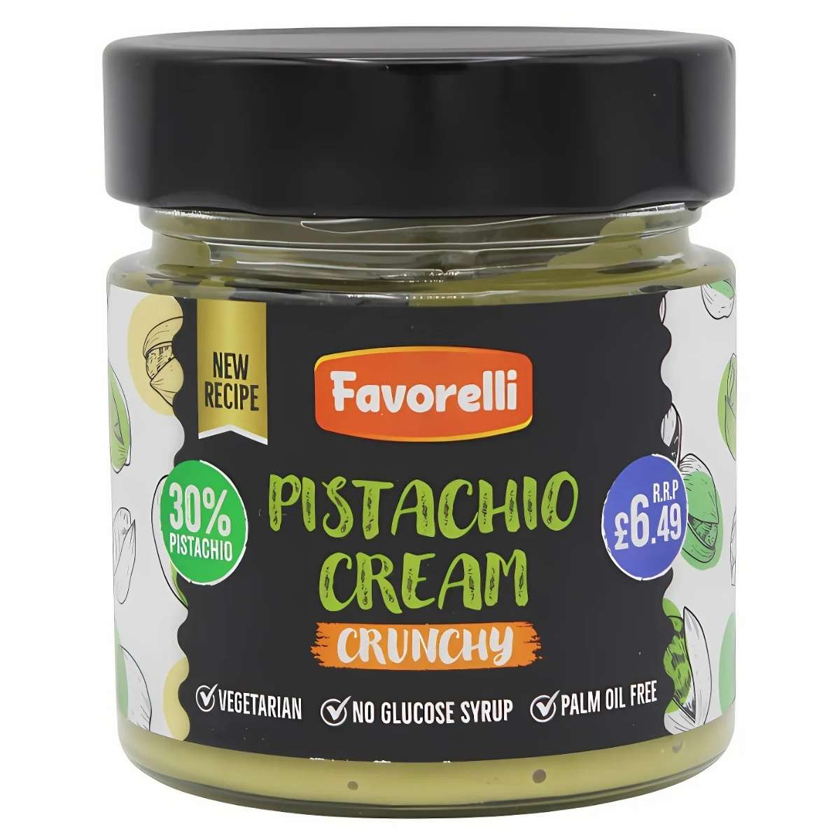 Favorelli Crunchy Pistachio Cream, 200g, contains 30% pistachios, is vegetarian-friendly, and free from glucose syrup and palm oil. Priced at £6.49.