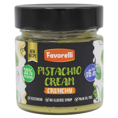 Favorelli Crunchy Pistachio Cream (200g) has 30% pistachios, is vegetarian, contains no glucose syrup or palm oil—a delicious sweet and savoury spread for only £6.49.