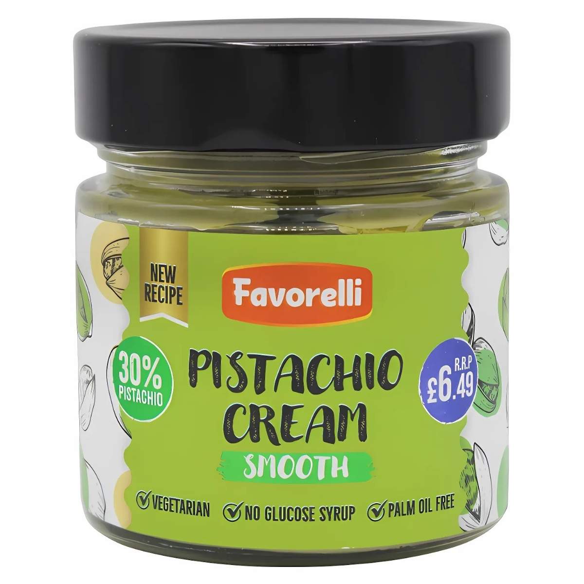 Favorelli Smooth Pistachio Cream, made with 30% pistachios, is labeled "vegetarian," "no glucose syrup," and "palm oil free." This sweet and savory 200g snack is priced at £6.49.