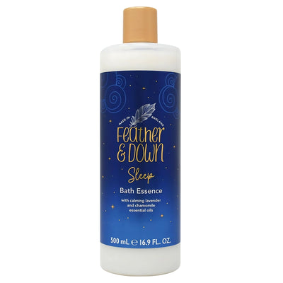 Feather and Down Bath Essence (500ml) features calming lavender and chamomile oils for relaxing baths. The blue label is adorned with gold stars and a feather design.