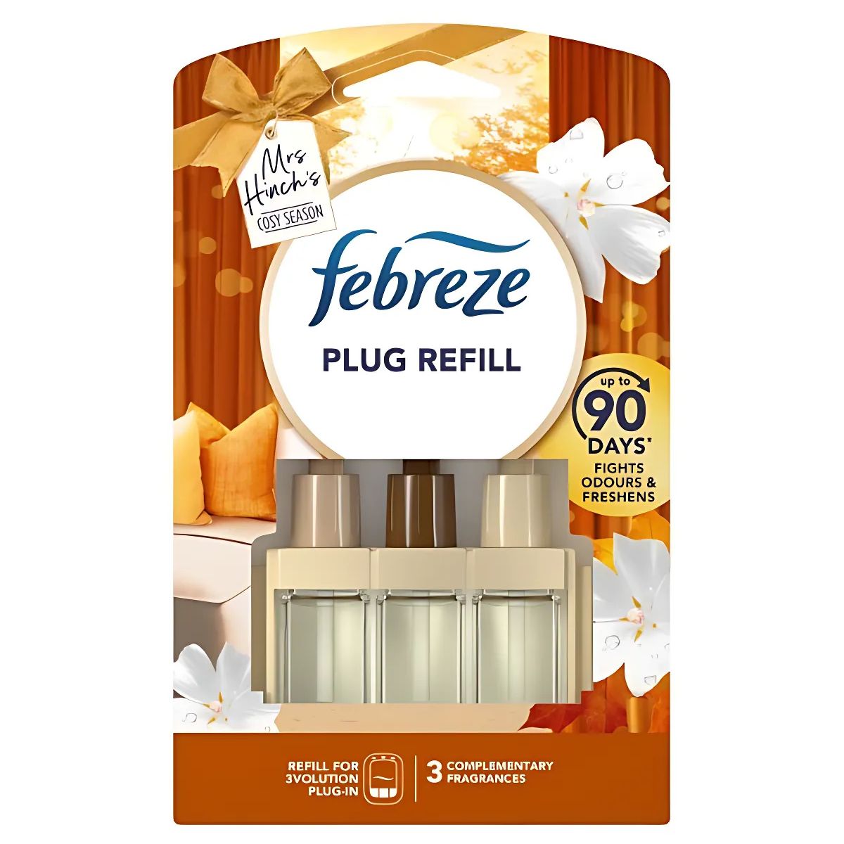 Febreze 3Volution Air Freshener Plug In Refill Mrs Hinch's Cosy Season (20ml) offers up to 90 days of freshness with Odour Clear Technology and cozy season fragrance, perfect for your air freshener plug in.