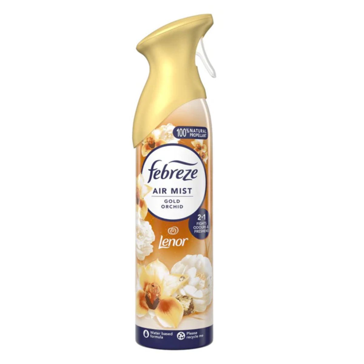 A Febreze - Air Freshener Spray Gold Orchid - 185ml can with a gold and white label, featuring the luxurious scent "Febreze Gold Orchid" and branding for Lenor. The can has a trigger-style spray top that not only emits a delightful fragrance but also effectively eliminates odors.