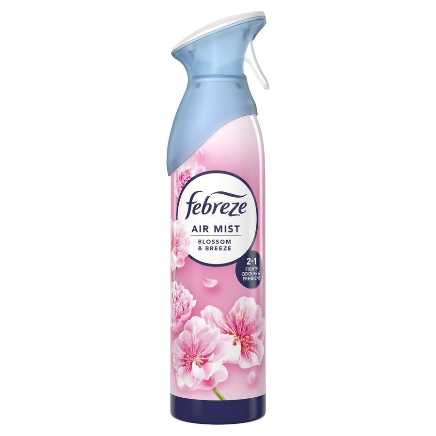 A 185ml can of Febreze - Blossom & Breeze Air Mist, an odour eliminator with a blue nozzle and pink floral graphics on the label.