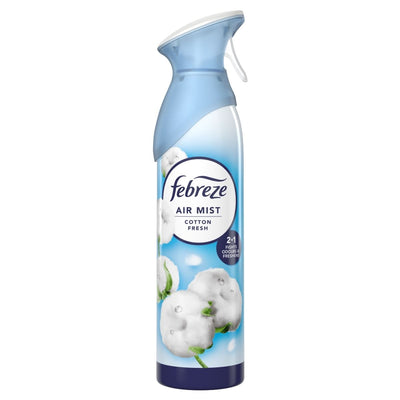 A 185ml can of Febreze Cotton Fresh Air Mist, an odour eliminator, comes in blue and white packaging with images of cotton on the label.