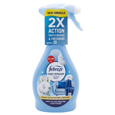 Febreze Fabric Refresher Cotton Fresh spray bottle in a light blue plastic trigger spray bottle with a yellow and blue label on a white background.