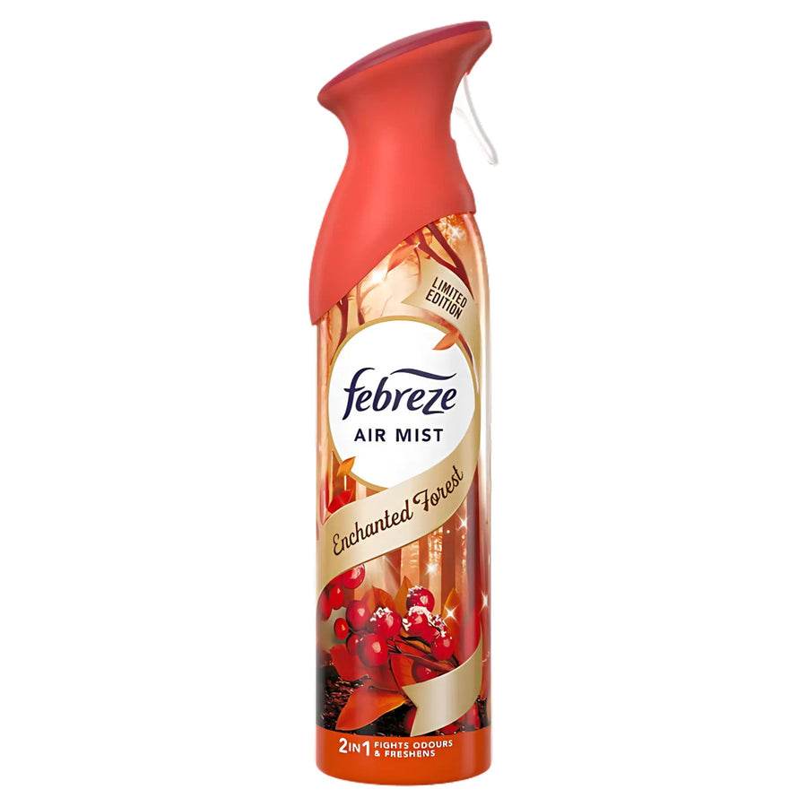 Febreze Enchanted Forest Air Mist (185ml) by Febreze features a forest-themed label and red cap. This limited edition air freshener eliminates odors, filling any room with a refreshing woodland scent.
