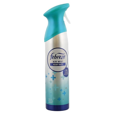 Febreze - Heavy Duty Air Mist - 185ml features OdourClear Technology and a "Crisp Clean Scent" label, boasting a blue and green design for powerful odour-fighting action.