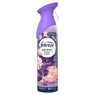 The Febreze Lenor Exotic Bloom Air Mist, available in 185ml, boasts a vibrant floral design and a purple cap.