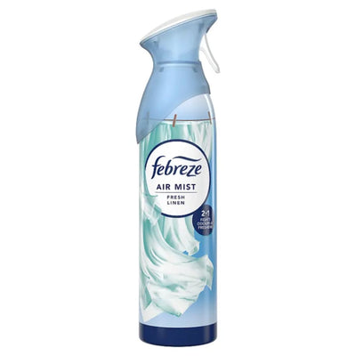 A 185ml Febreze Fresh Linen Air Mist spray can features a blue and white design with the brand logo and mist illustration, highlighting OdourClear Technology.