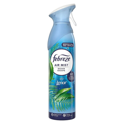 Febreze - Lenor Ocean Escape Air Mist (185ml) features a blue and green design, labeled as 100% natural propellant and fabric refresher.