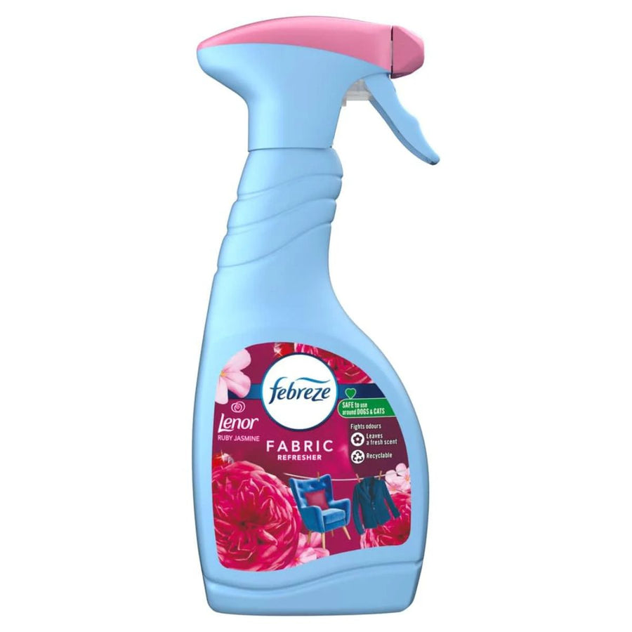 Febreze - Lenor Ruby Jasmine Fabric Refresher (500ml) in a blue and pink spray bottle eliminates odors from fabrics like chairs and clothing, leaving your home smelling fresh.