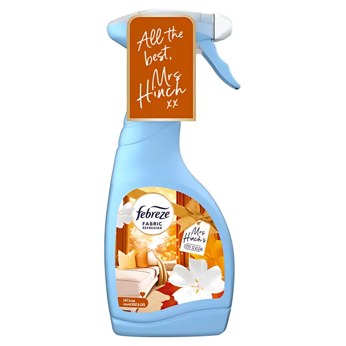 A 500ml bottle of Febreze - Mrs Hinch's Cosy Season Fabric Refresher with odourclear technology, floral scent, "Mrs Hinch" branding, and a tag reading "All the best, Mrs Hinch xx.