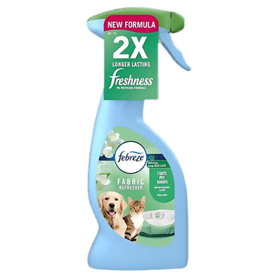 The Febreze - Pet Odour Fabric Freshener (375ml) with a 2X longer-lasting freshness label and pet-friendly dog and cat imagery effectively tackles pet odors at home.