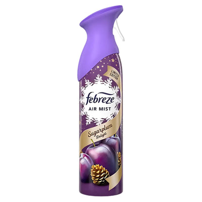 Febreze Sugarplum Delight Air Mist (185ml) is a limited edition odor neutralizer in a purple can decorated with plums and pinecones.