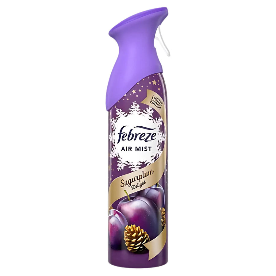 Febreze Sugarplum Delight Air Mist (185ml) is a limited edition odor neutralizer in a purple can decorated with plums and pinecones.