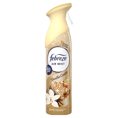 A can of Febreze - Vanilla Cookie Air Mist - 185ml, featuring vanilla flowers and cookies on the label, Winter Edition.