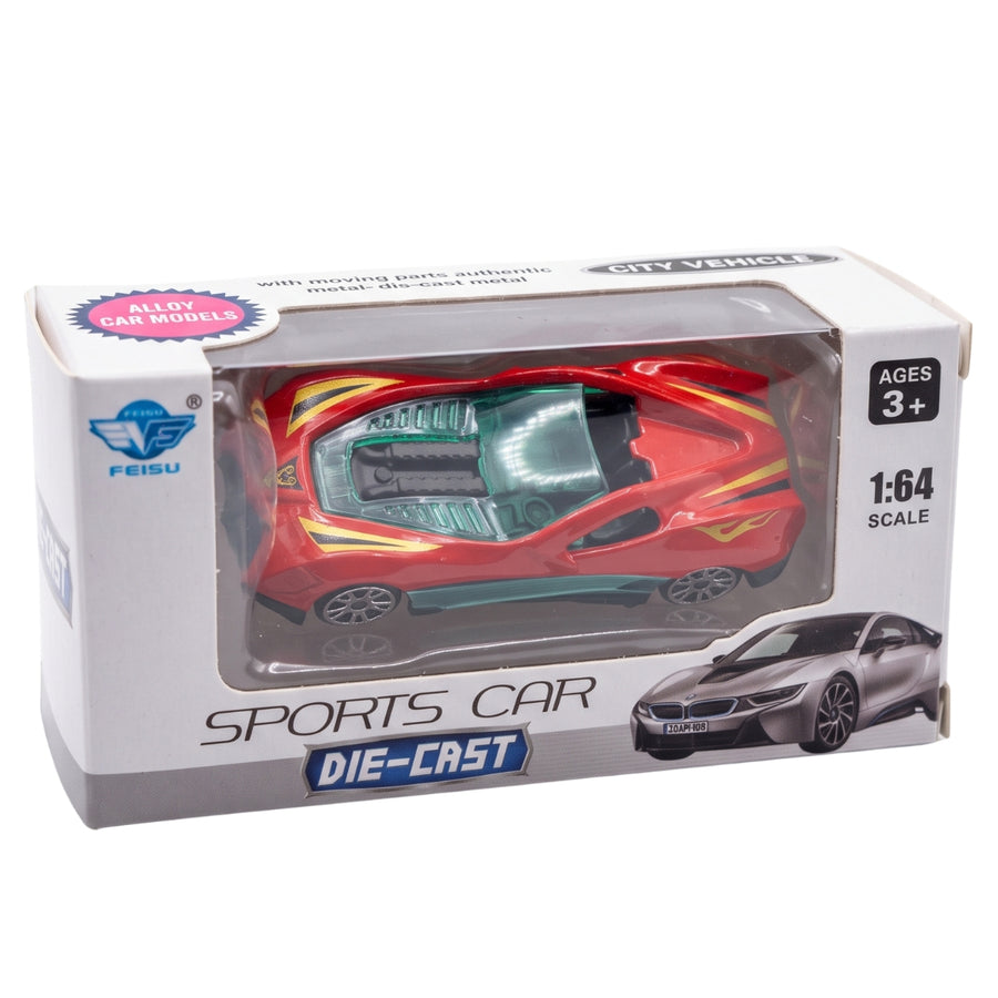 Red and green Feisu - Sports Car Toy in its packaging box, perfect for outdoor play.