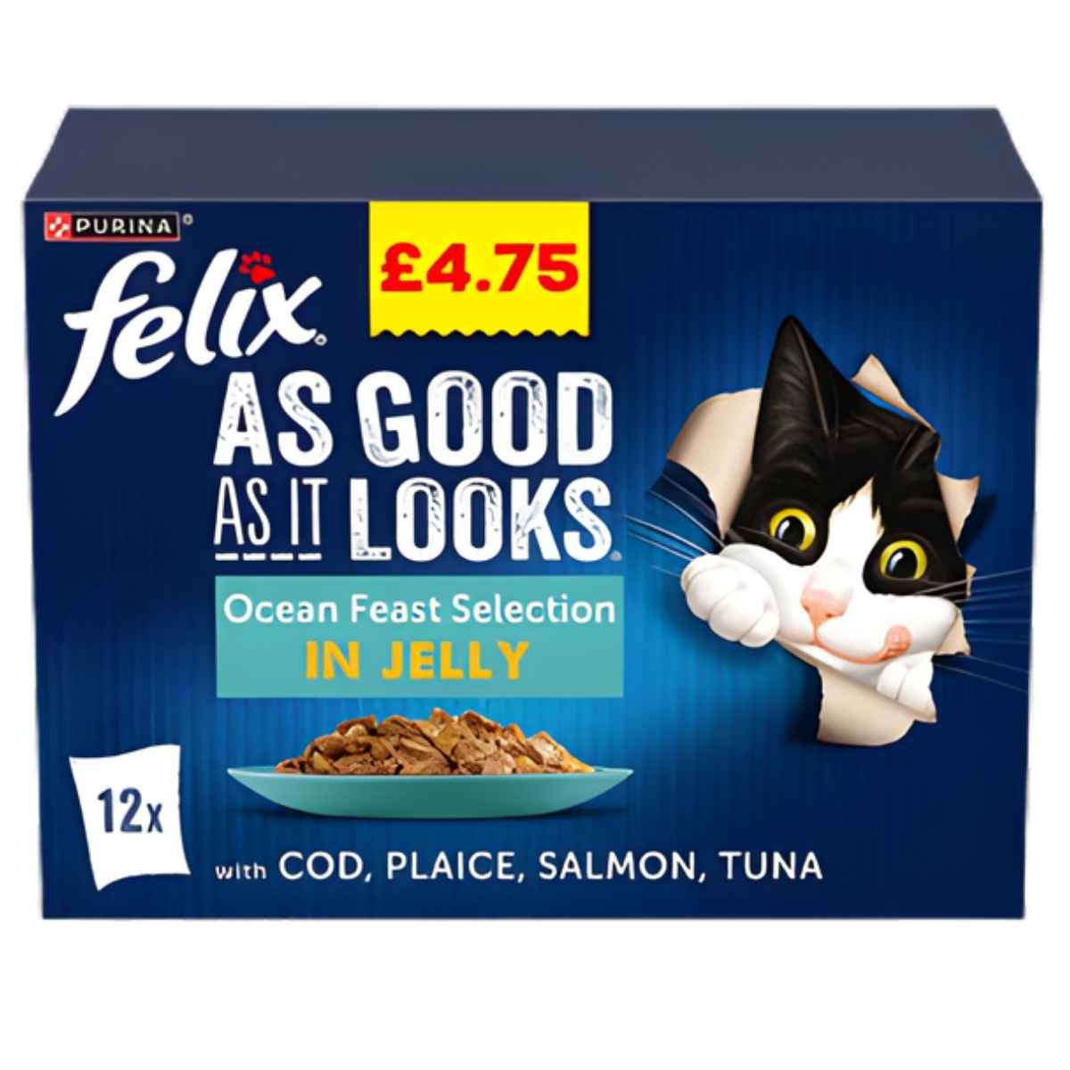 Felix As Good As It Looks Ocean Feast Selection in Jelly, 12 x 85g pack including cod, plaice, salmon, and tuna. Priced at £4.75. Features an illustration of a cat peeking through the box.