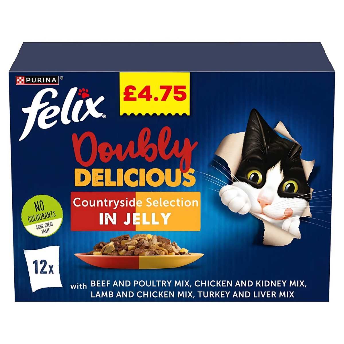 Felix - Countryside Selection In Jelly Cat Food, priced at £4.75, features delightful mixes including beef, poultry, chicken, kidney, lamb, turkey, and liver. With 12 packs and no colorants, this Jelly Meat selection offers a tasty treat in every bite.