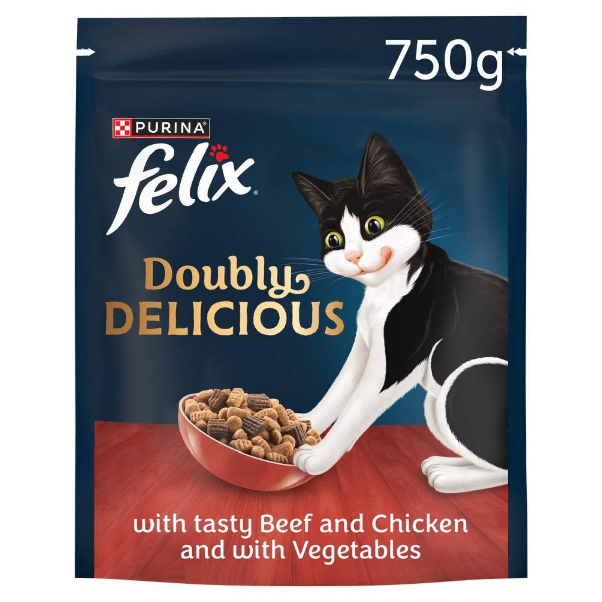 A 750g bag of Felix - Doubly Delicious Beef Chicken & Vegetables Dry Cat Food, featuring a black and white cat with a bowl.