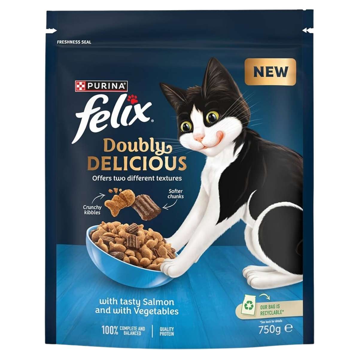 A blue and white bag of Felix Doubly Delicious Cat Food, featuring a black and white cat illustration, contains 750g of crunchy kibbles and tender meat chunks in savory gravy with salmon and vegetables.