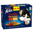 Box of Felix Doubly Delicious Countryside Selection in Jelly (12 x 85g) cat food, featuring a cartoon cat and a bowl of food; price label shows £4.75.