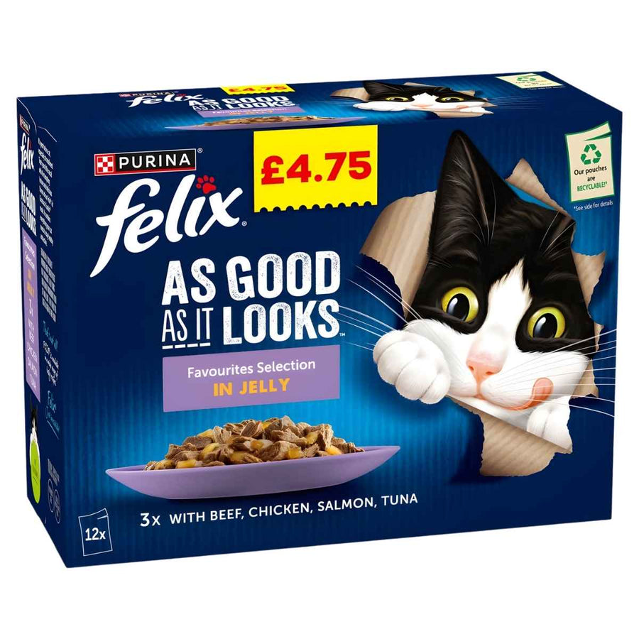 Felix Favourites Selection in Jelly 12 x 85g for adult cats, includes beef, chicken, salmon & tuna. Price: £4.75.