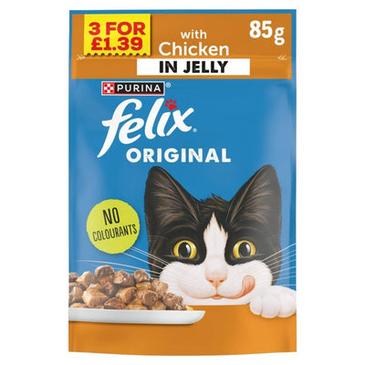 Felix - Original Chicken in Jelly, 85g pouch, showcases chicken in jelly with a delightful cat image and text "no colourants." Available at an unbeatable price: 3 for £1.39.