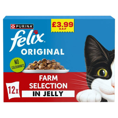 Box of Purina Felix Original Farm Selection in Jelly cat food with a cat illustration on a white background.