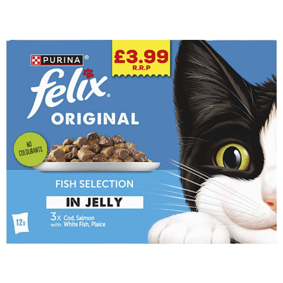 A 12 x 85g box of Felix Original Fish Selection in Jelly cat food, featuring a cat’s face and plate design; Felix brand fish multipack, price marked £3.99 RRP.