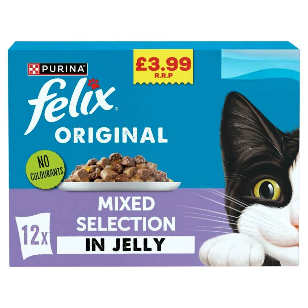 Felix Original Mixed Selection in Jelly, 12 x 85g multipack cat food by Felix for £3.99, featuring a partial image of a black and white cat on the box.