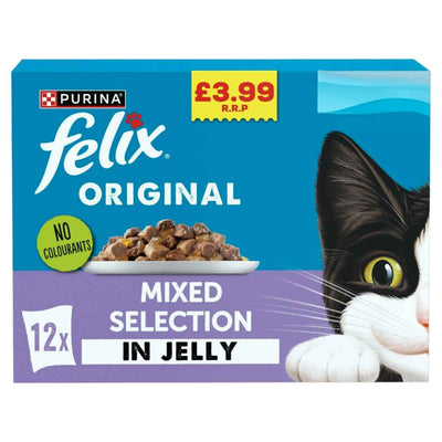 Felix Original Mixed Selection in Jelly, 12 x 85g multipack cat food by Felix for £3.99, featuring a partial image of a black and white cat on the box.