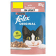Purina's Felix Original Salmon in Jelly, 85g pouch, offers essential nutrients. It features a cartoon cat face and is labeled "No Colourants.