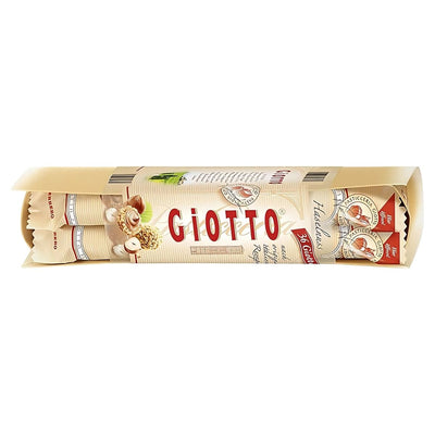 The Ferrero Giotto Hazelnut Pralines 4 Pack (154g) features cream and nut imagery with red accents on its label, offering a delightful sweet snack experience.