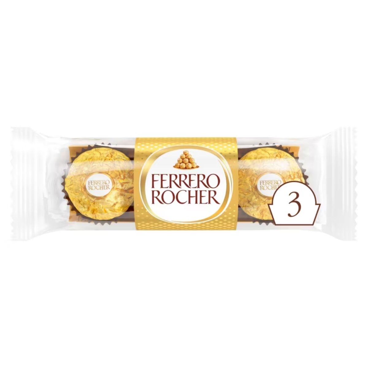 A treat pack of Ferrero Rocher Milk Chocolate Hazelnut Pralines containing three pieces, each wrapped in a transparent wrapper with a gold label, weighing 37.5g.