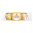 A treat pack of Ferrero Rocher Milk Chocolate Hazelnut Pralines containing three pieces, each wrapped in a transparent wrapper with a gold label, weighing 37.5g.