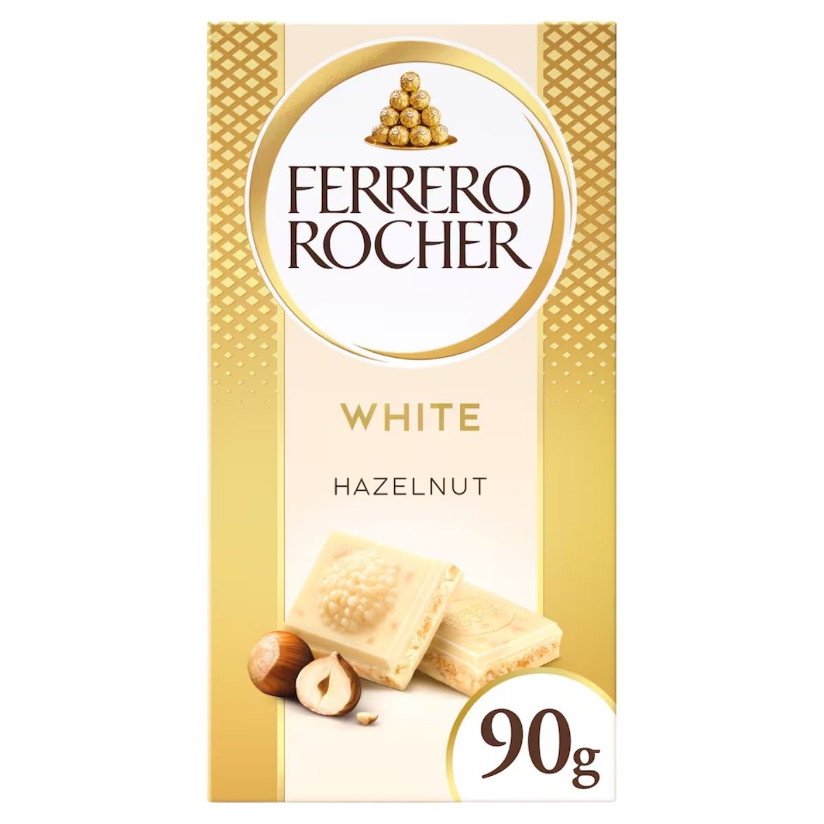 Ferrero Rocher white hazelnut chocolate packaging on a white background