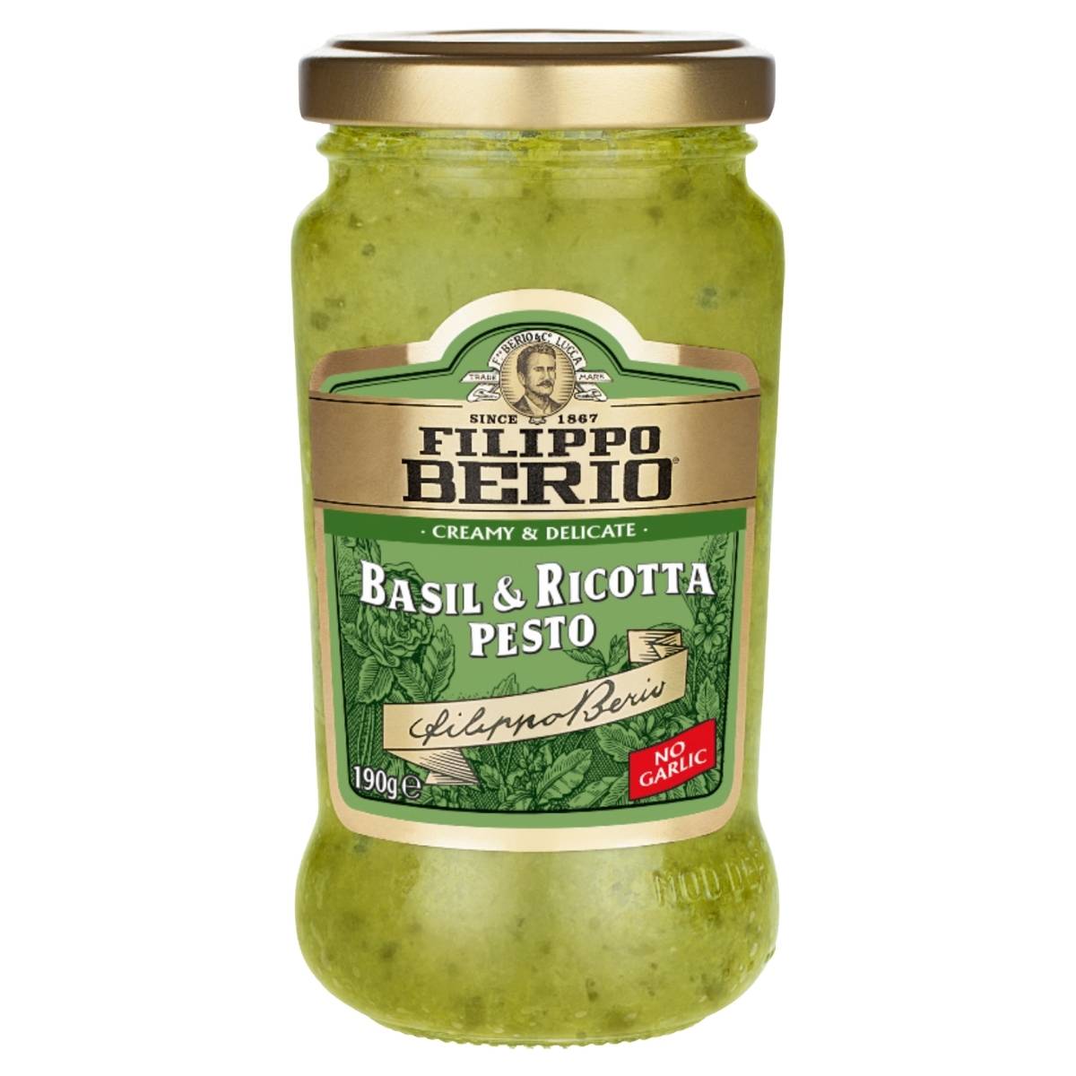 Jar of Filippo Berio Basil & Ricotta Pesto on a white background