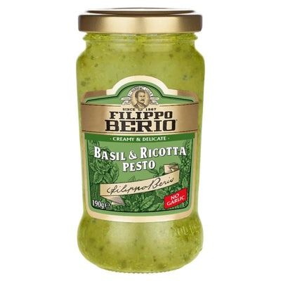 Jar of Filippo Berio Basil & Ricotta Pesto on a white background
