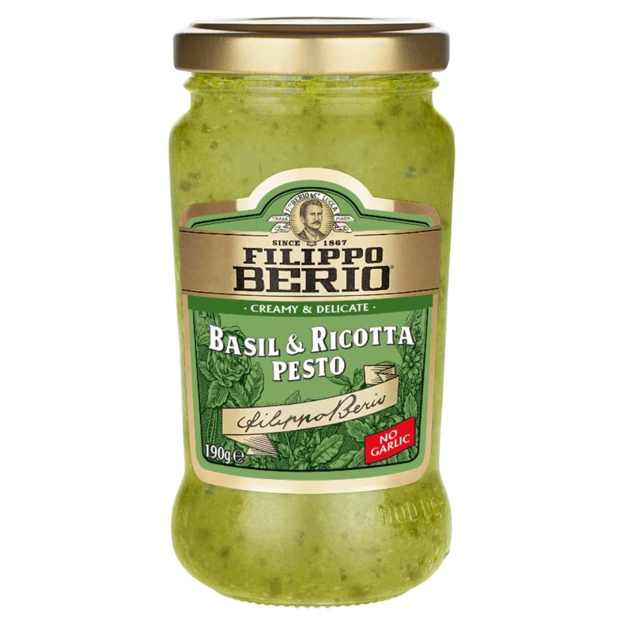 Jar of Filippo Berio Basil & Ricotta Pesto on a white background