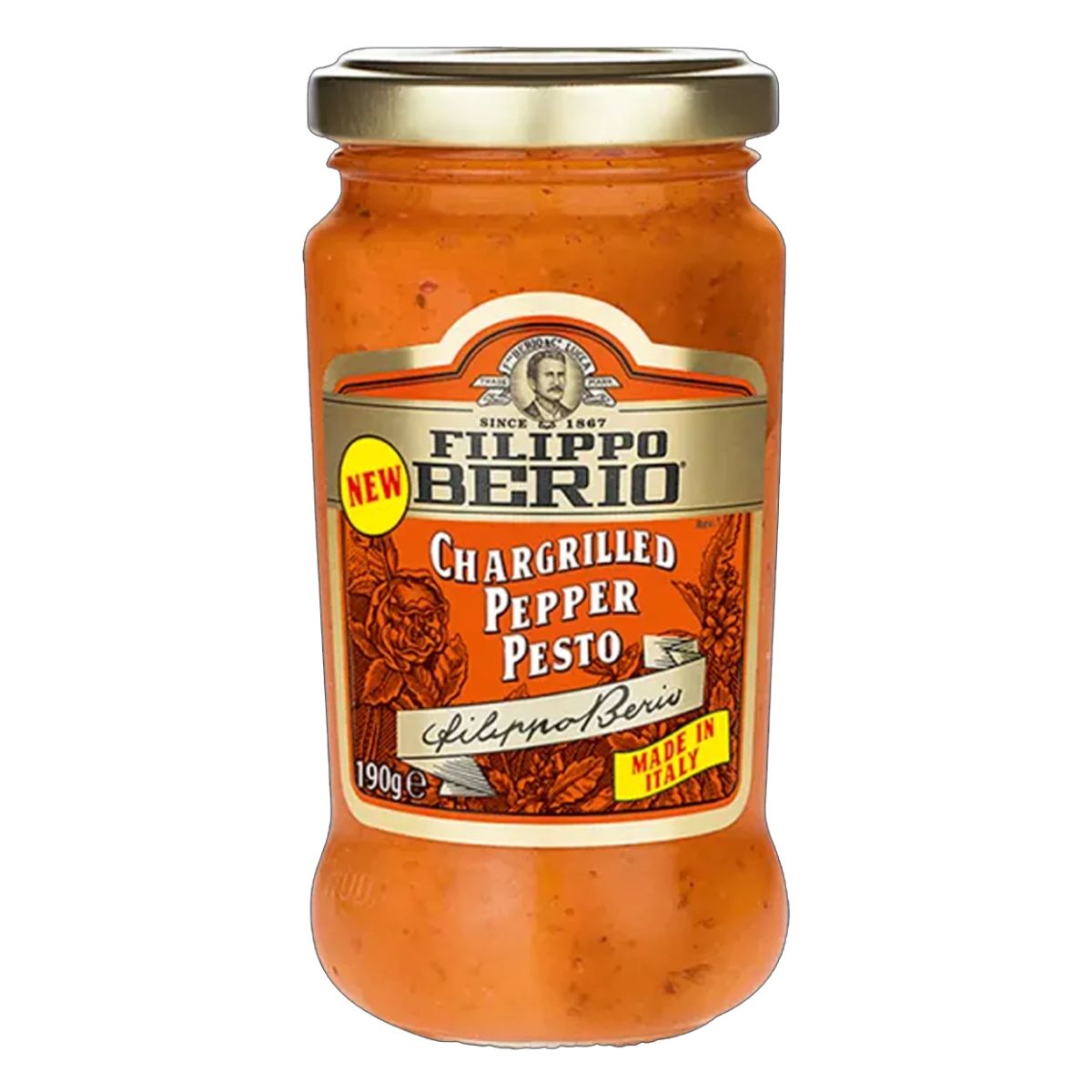 A jar of Filippo Berio - Chargrilled Pepper Pesto - 190g.