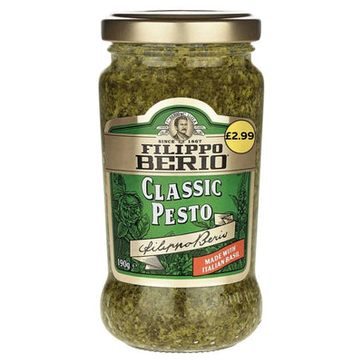 Filippo Berio - Classic Pesto (190g) combines Italian basil and Parmigiano Reggiano for a rich Italian flavour and comes in a green-labelled jar with a gold lid, priced at £2.99.