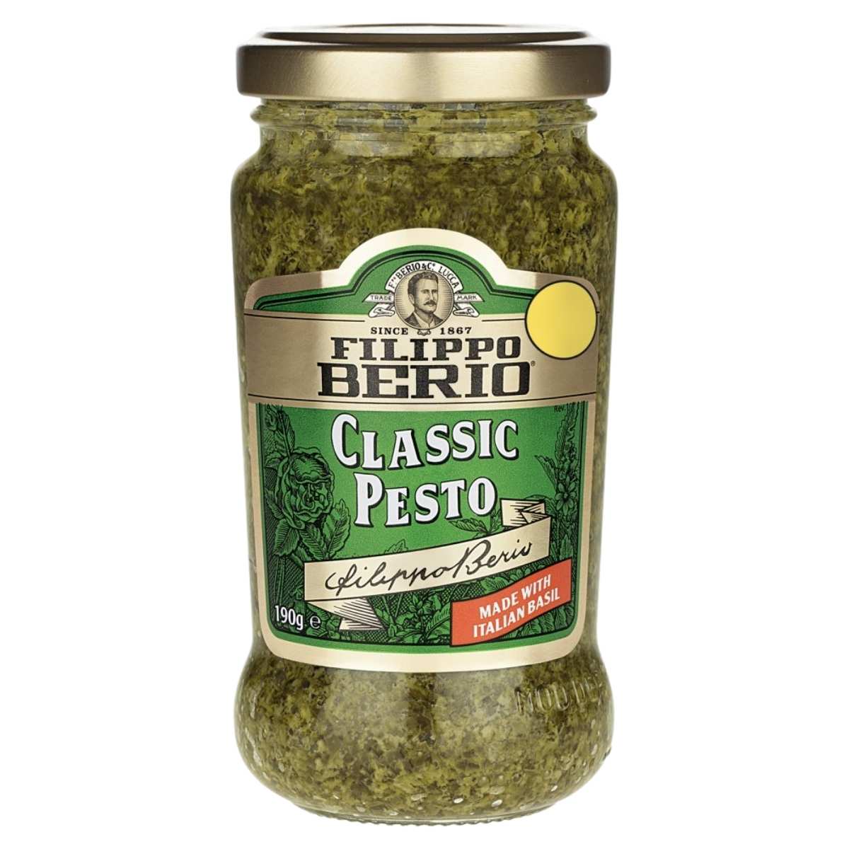 A 190g jar of Filippo Berio Classic Pesto, featuring a green label and gold lid, made with Italian basil and Grana Padano PDO.