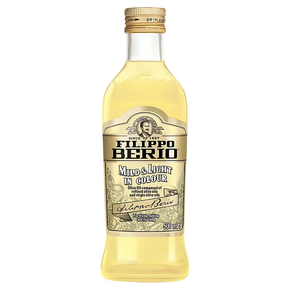 The 500ml Filippo Berio Mild & Light In Colour Olive Oil, with its light yellow hue and elegant gold-accented label, is perfect for enhancing any dish and seamlessly blends into your culinary creations.