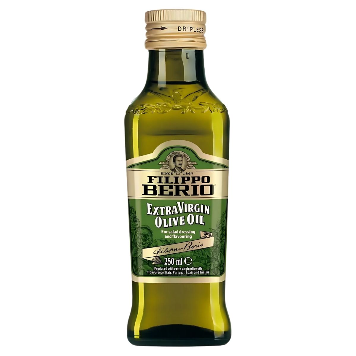 A 250ml bottle of Filippo Berio Organic Extra Virgin Olive Oil, made from 100% organic olives, has a gold cap and green label. Experience the rich health benefits in every drop.